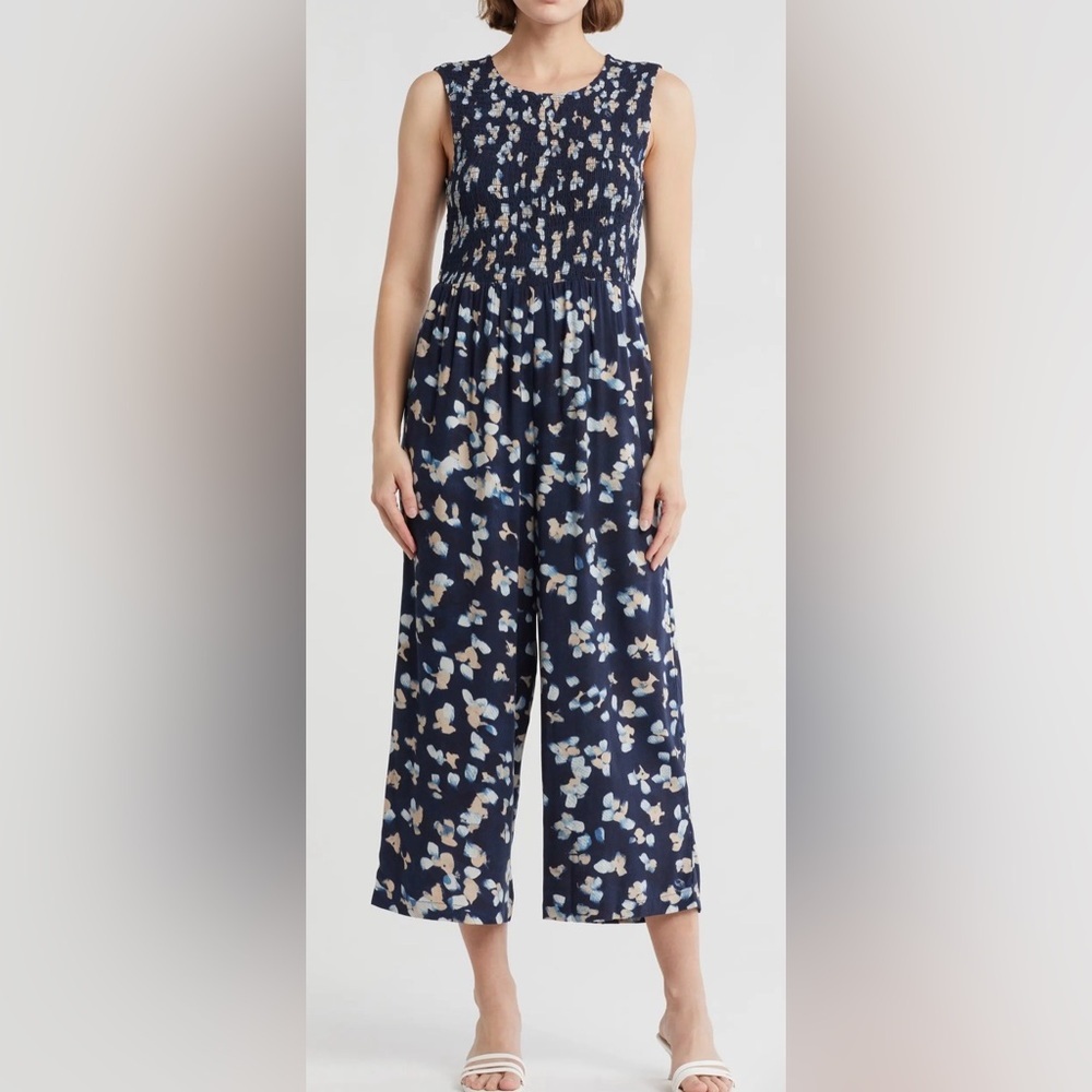 NWT Calvin Klein Navy Abstract Print Smocked Top Wide Leg Crop Jumpsuit Casual